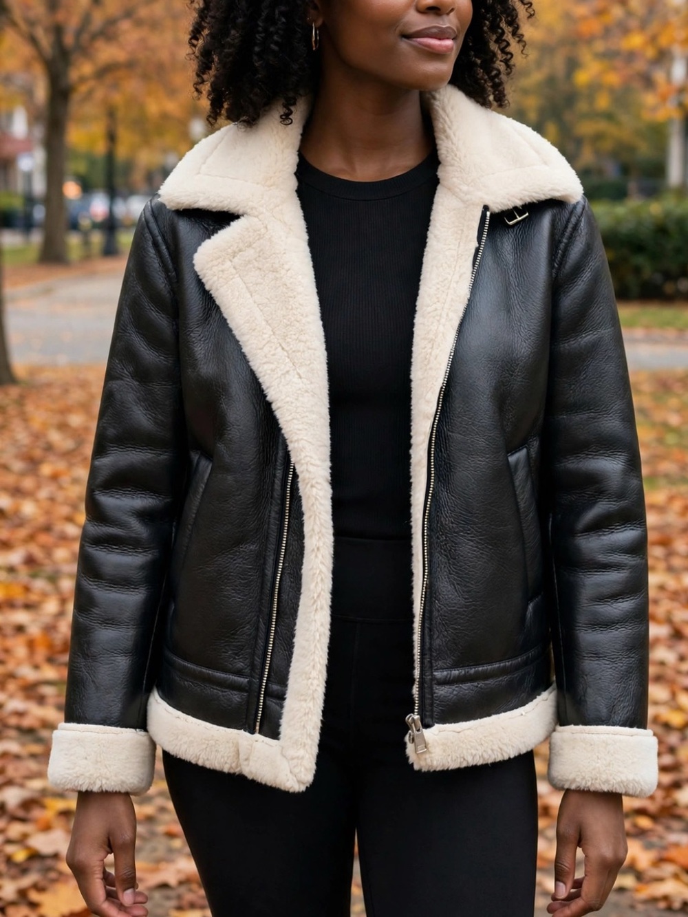 Women's Black faux Shearling-Lined Moto Jacket - Cream Trim